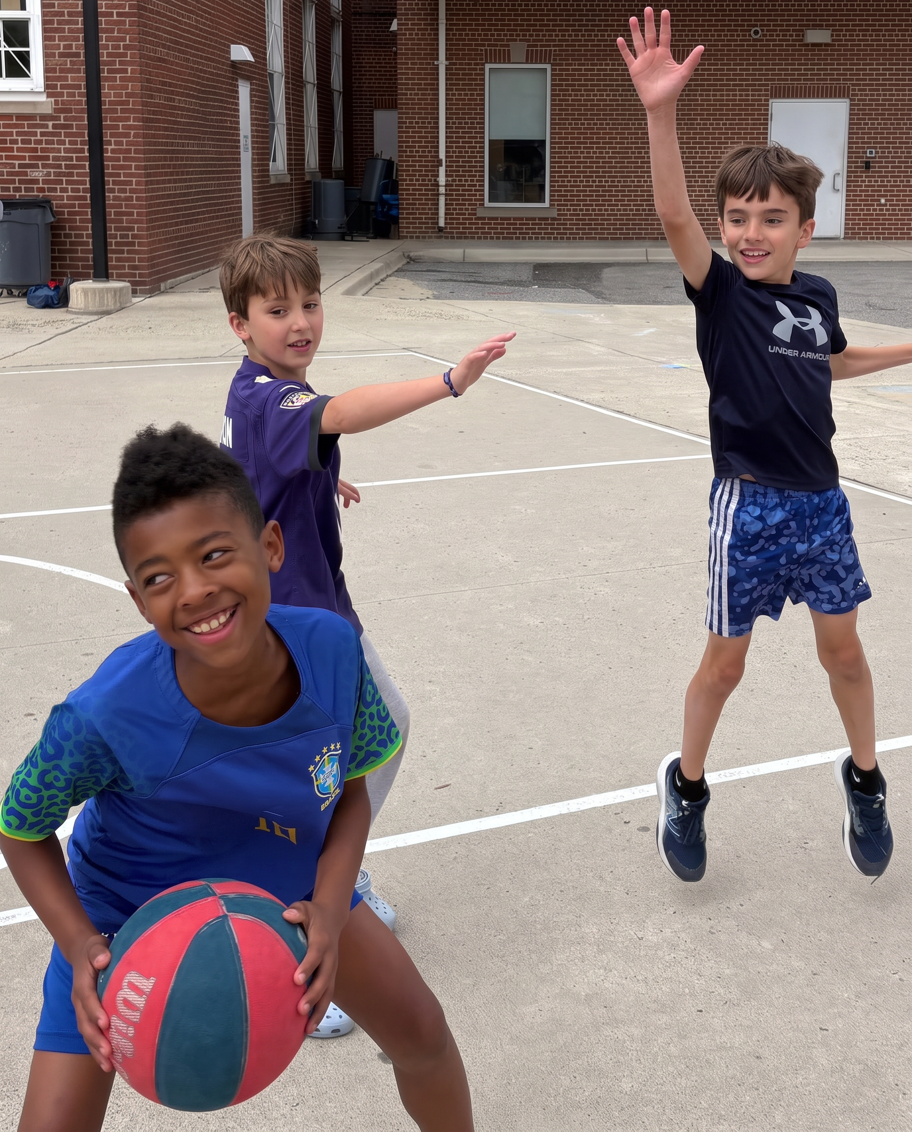 Three Janney+ students playing basketball on the blacktop, one leaping with a hand raised